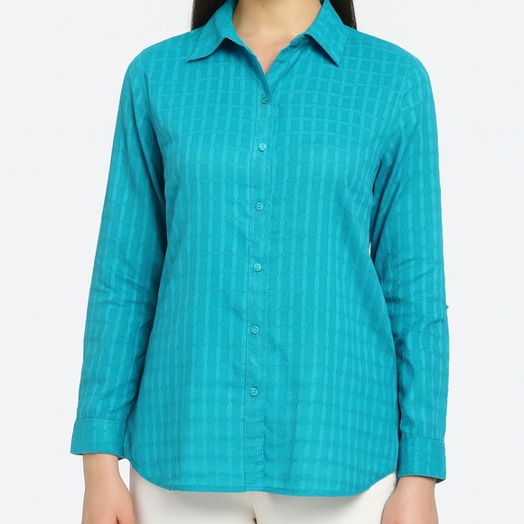 Coldwater Creek Turquoise Window Pane Pattern Button Down Shirt - Picture 1 of 7